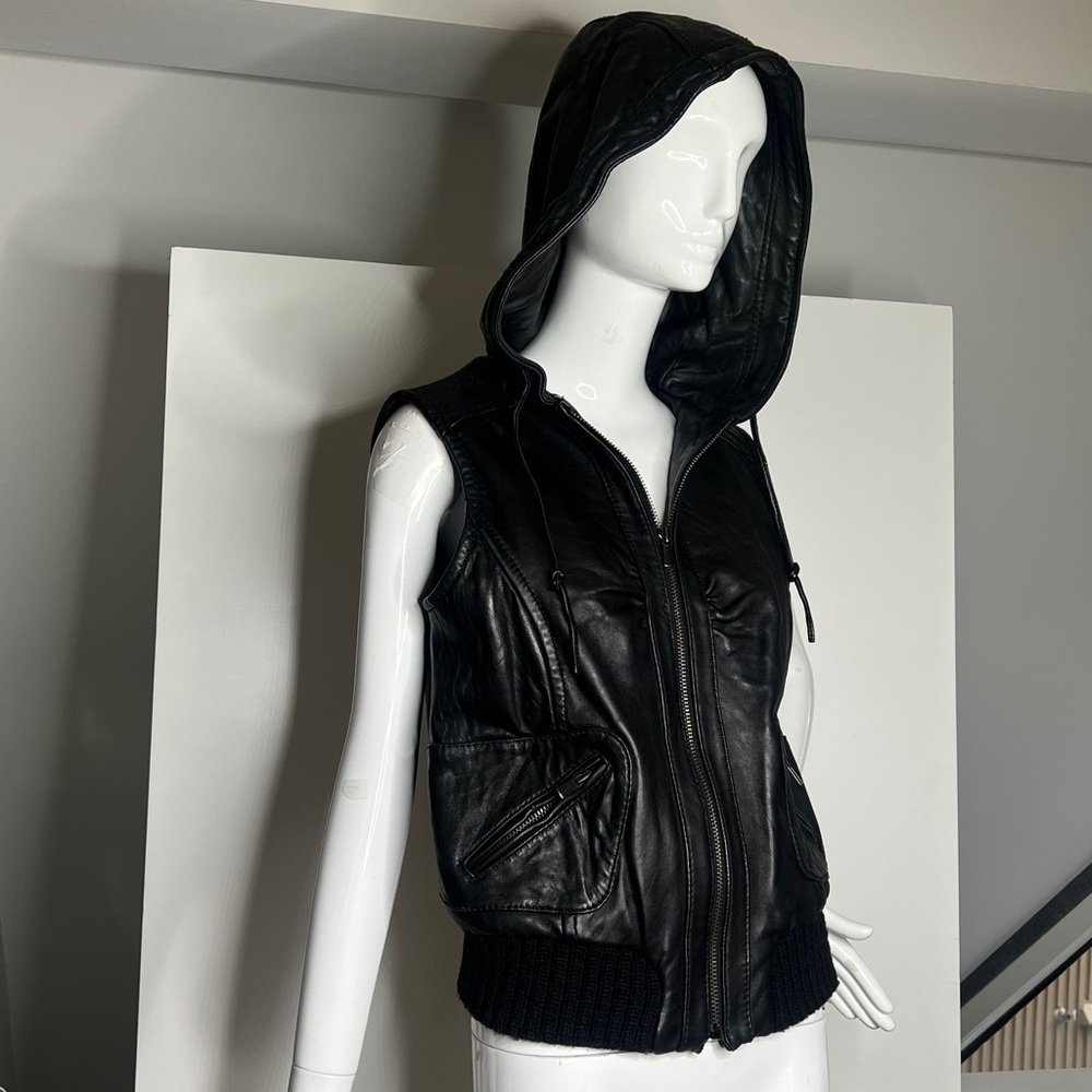 Barney’s Co Op Sz L Black Lamb Leather Zipper Hooded Vest Knit Bottom Waist